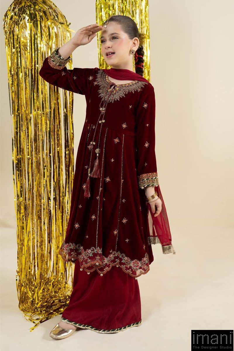 Maria.b 3 Piece Kids Maroon Embroidered Velvet Suit Mbks-Aw1632Mmn 2 Maria.b 3 Piece Kids Maroon Embroidered Velvet Suit Mbks-Aw1632Mmn - Image 2