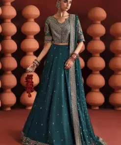 Luxury Formal Teal Embroidered Raw Silk Skirt Suit Mbsf-Aw1627Tl