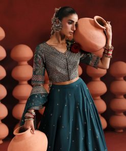 Luxury Formal Teal Embroidered Raw Silk Skirt Suit Mbsf-Aw1627Tl 18 Sf Ea2627Tealg Imanistudio.com