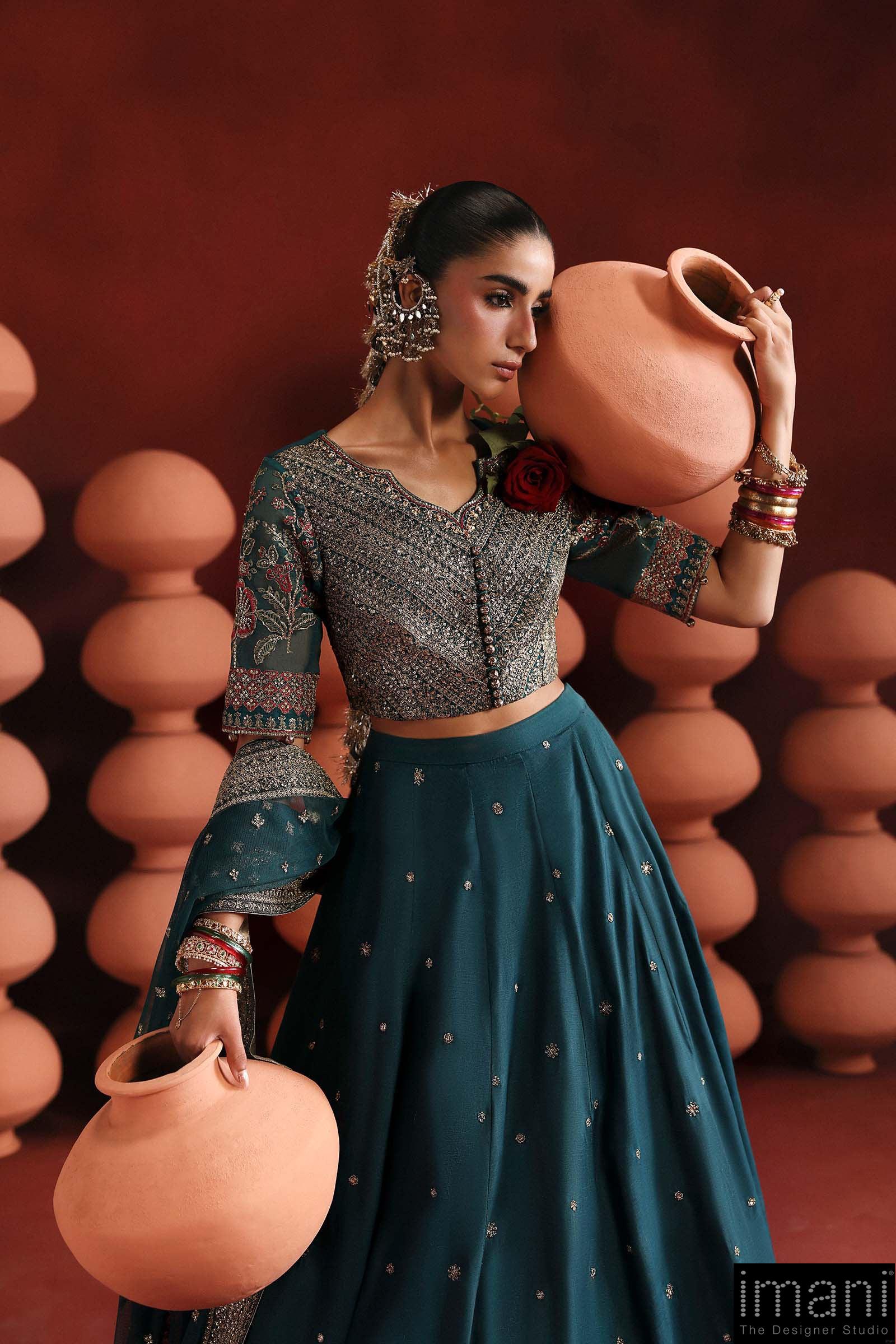 Luxury Formal Teal Embroidered Raw Silk Skirt Suit Mbsf-Aw1627Tl 8 Luxury Formal Teal Embroidered Raw Silk Skirt Suit Mbsf-Aw1627Tl - Image 8