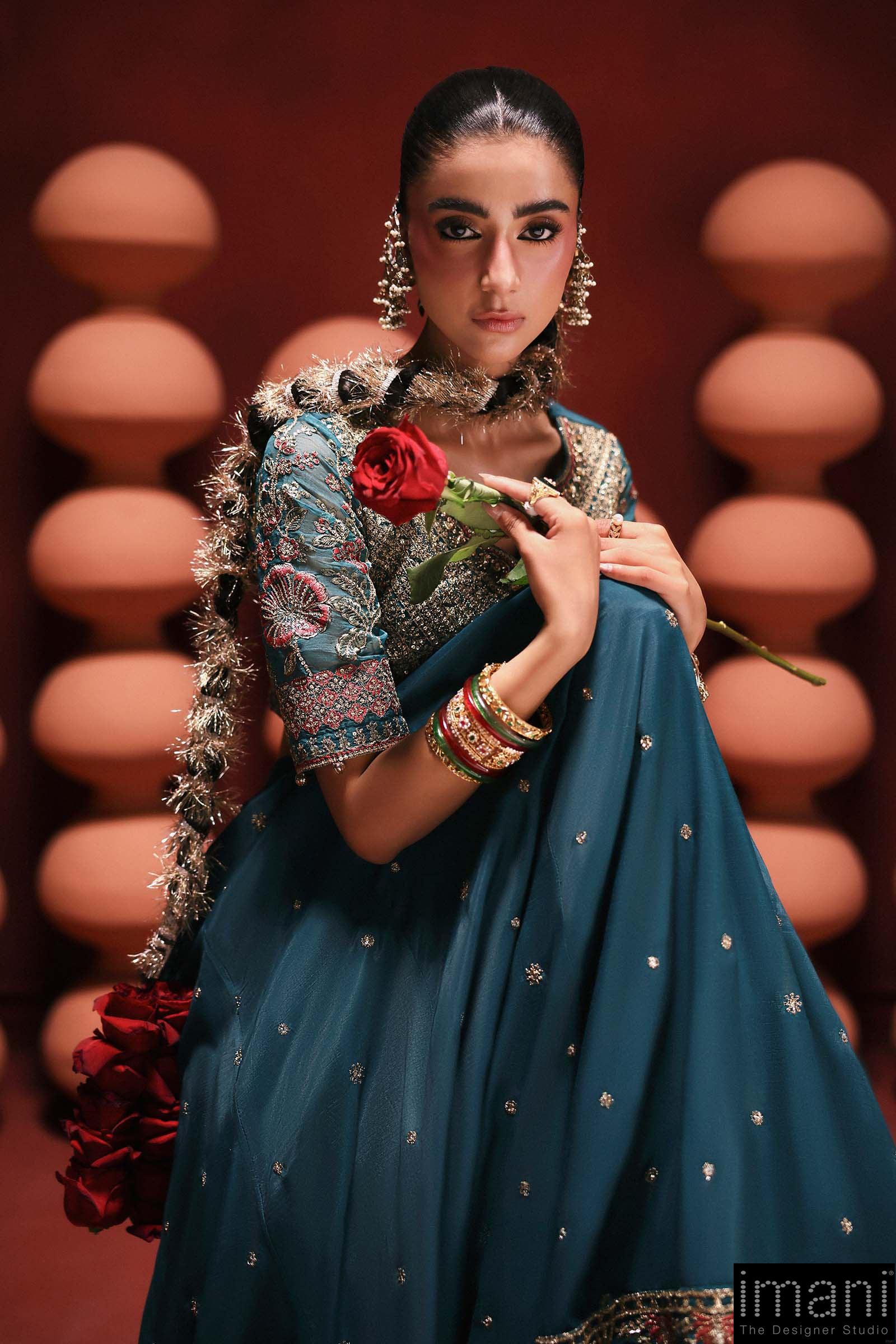 Luxury Formal Teal Embroidered Raw Silk Skirt Suit Mbsf-Aw1627Tl 7 Luxury Formal Teal Embroidered Raw Silk Skirt Suit Mbsf-Aw1627Tl - Image 7