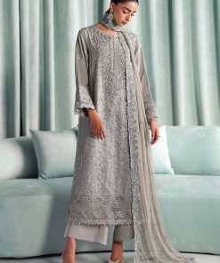Luxury Formal Silver Grey Embroidered Tissue Silk Suit Mbsf-Aw1637Sg