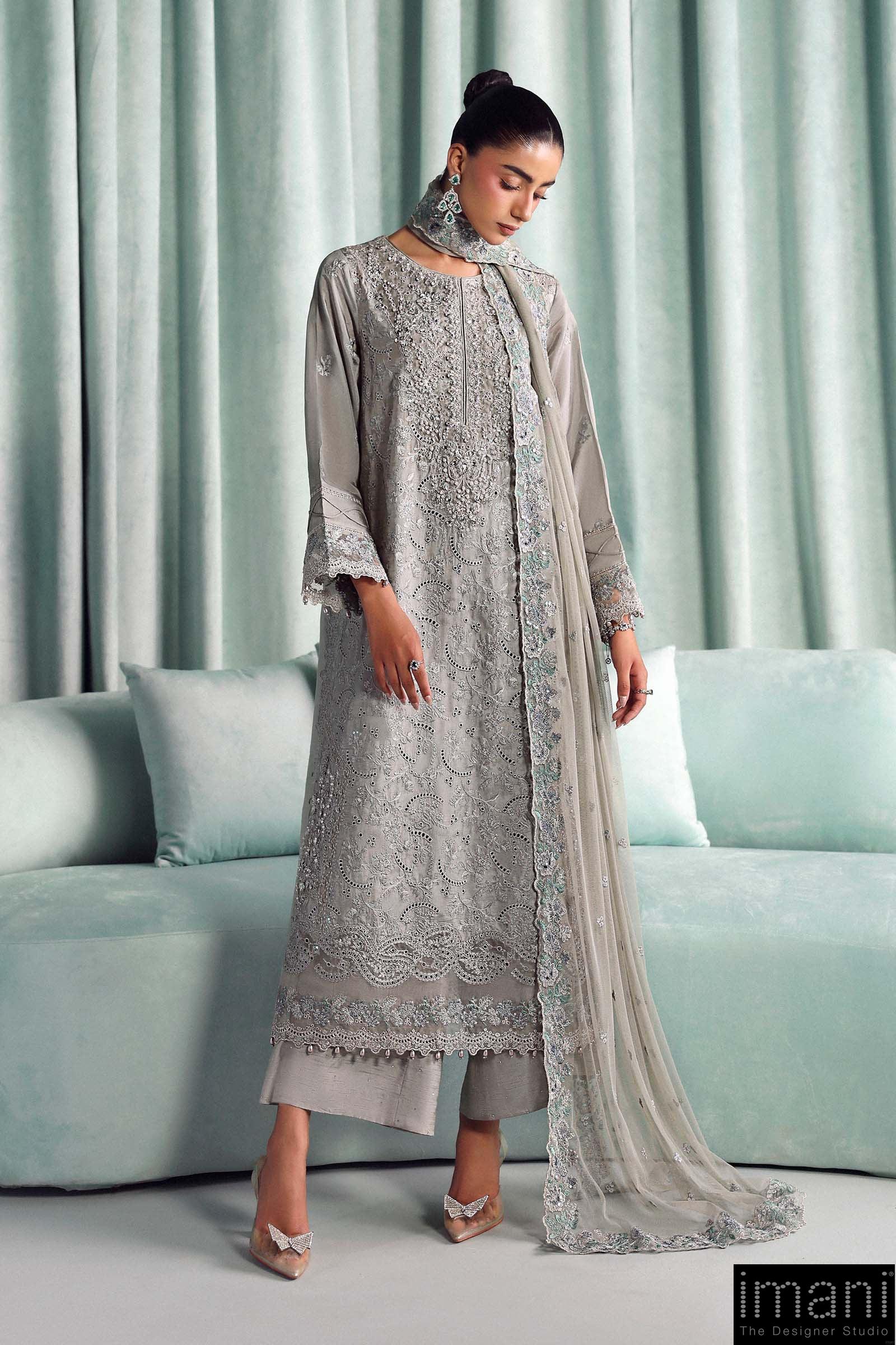 Luxury Formal Silver Grey Embroidered Tissue Silk Suit Mbsf-Aw1637Sg 1 Luxury Formal Silver Grey Embroidered Tissue Silk Suit Mbsf-Aw1637Sg