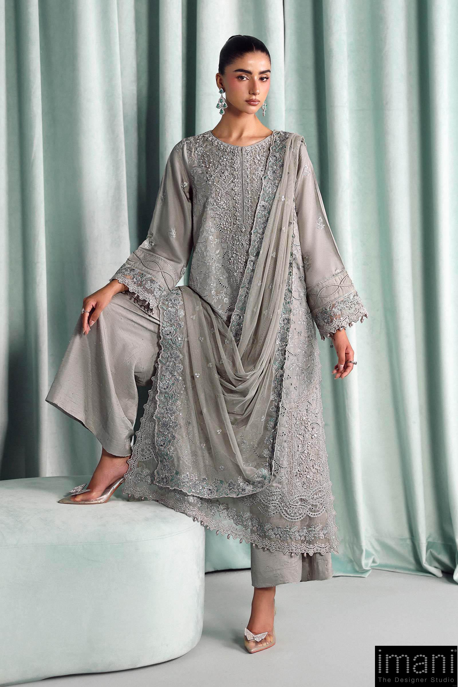 Luxury Formal Silver Grey Embroidered Tissue Silk Suit Mbsf-Aw1637Sg 2 Luxury Formal Silver Grey Embroidered Tissue Silk Suit Mbsf-Aw1637Sg - Image 2