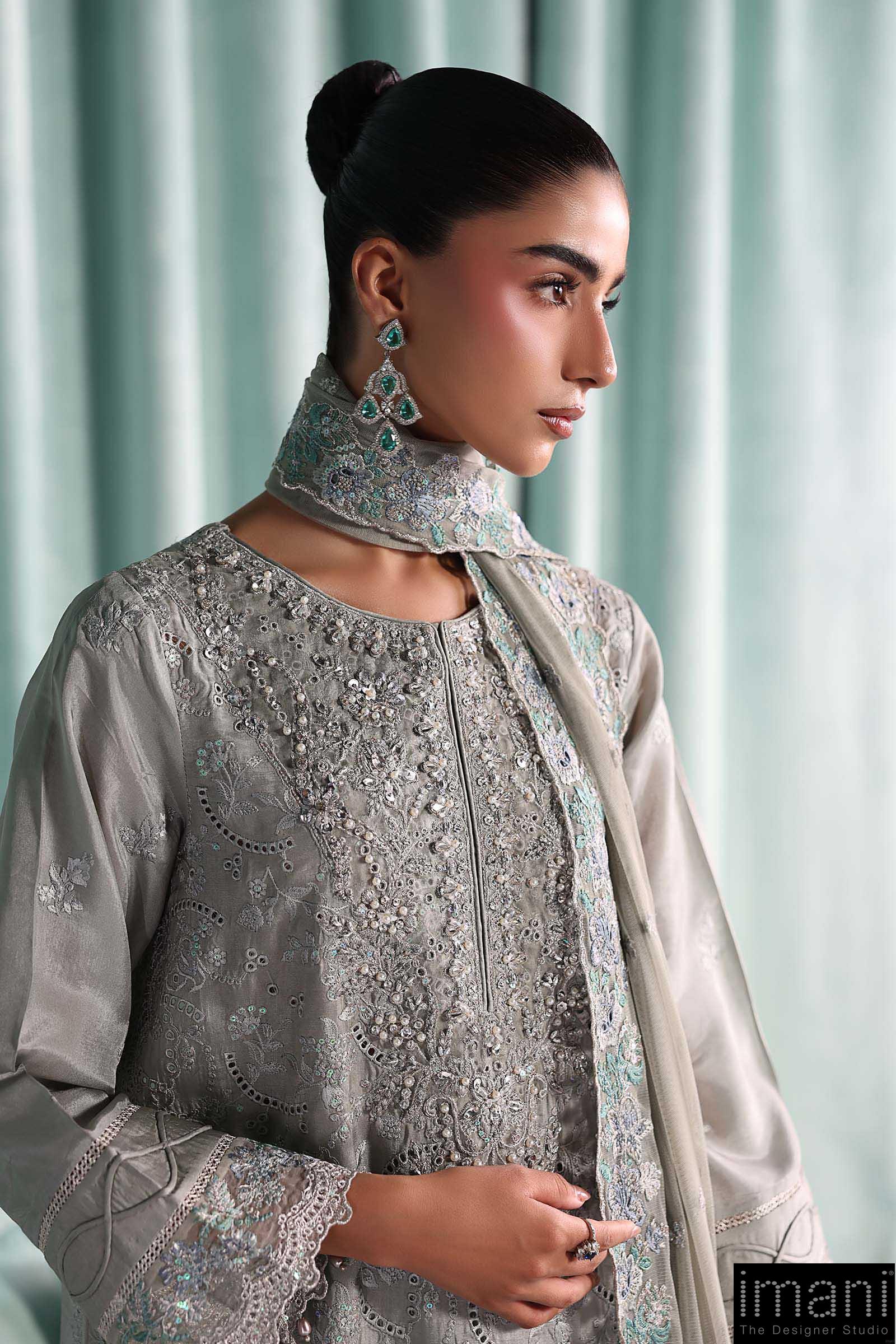 Luxury Formal Silver Grey Embroidered Tissue Silk Suit Mbsf-Aw1637Sg 9 Luxury Formal Silver Grey Embroidered Tissue Silk Suit Mbsf-Aw1637Sg - Image 9