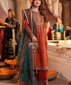 Luxury Formal Rust Embroidered And Printed Raw Silk Suit Mbsf-Aw1608Rt