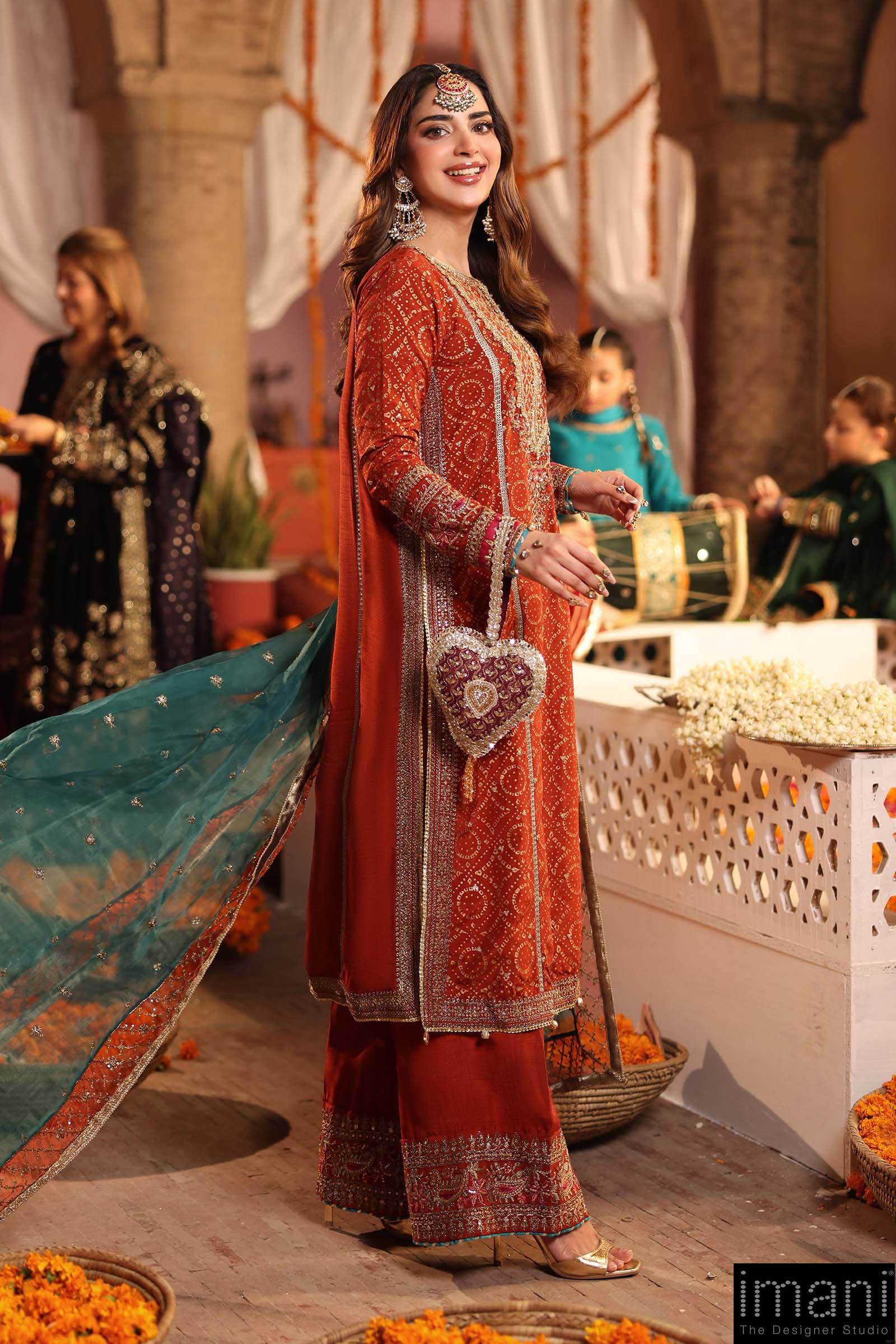 Luxury Formal Rust Embroidered And Printed Raw Silk Suit Mbsf-Aw1608Rt 3 Luxury Formal Rust Embroidered And Printed Raw Silk Suit Mbsf-Aw1608Rt - Image 3