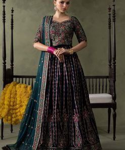 Luxury Formal Teal Blue Embroidered Velvet Lehenga Suit Mbsf-Aw602Tb