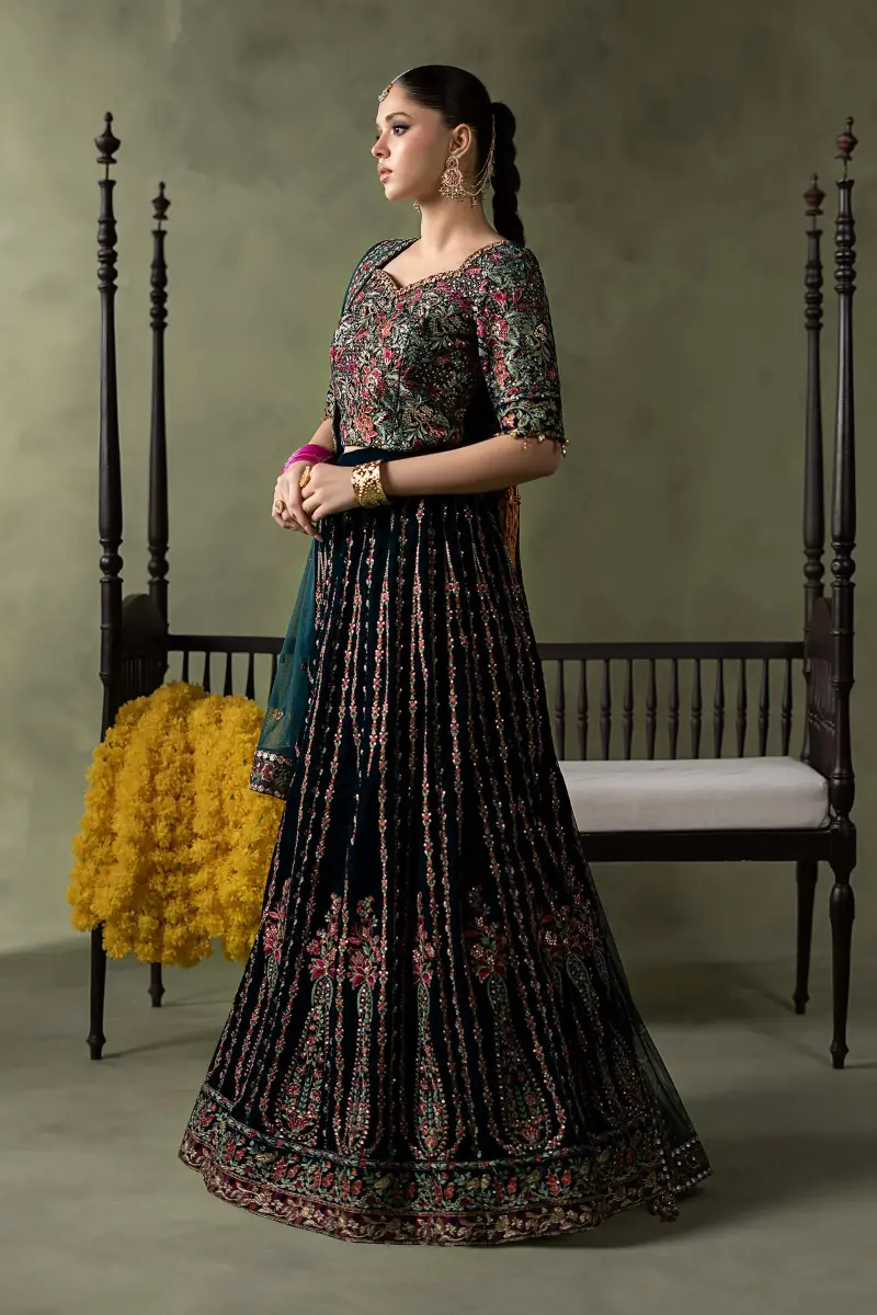 Luxury Formal Teal Blue Embroidered Velvet Lehenga Suit Mbsf-Aw602Tb 2 Luxury Formal Teal Blue Embroidered Velvet Lehenga Suit Mbsf-Aw602Tb - Image 2