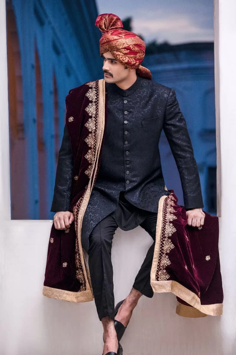 Classic Pale Silver Jamawar Sherwani