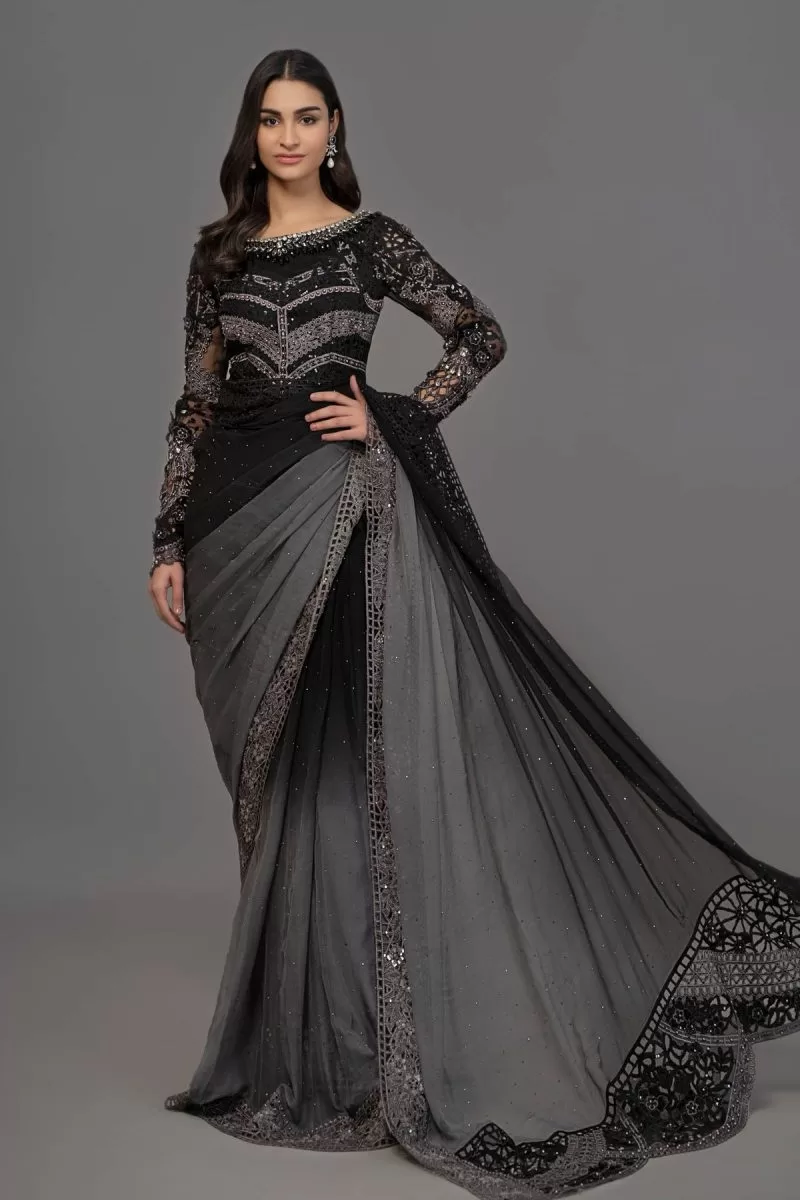 Maria.b Evening Wear Mbroidered Saree Black/Grey Mbds-2504Bg