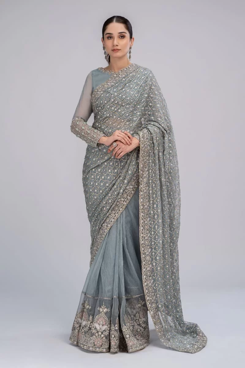 Maria.b Mbroidered Evening Wear Grey Blue Saree Mbds-2602Gb