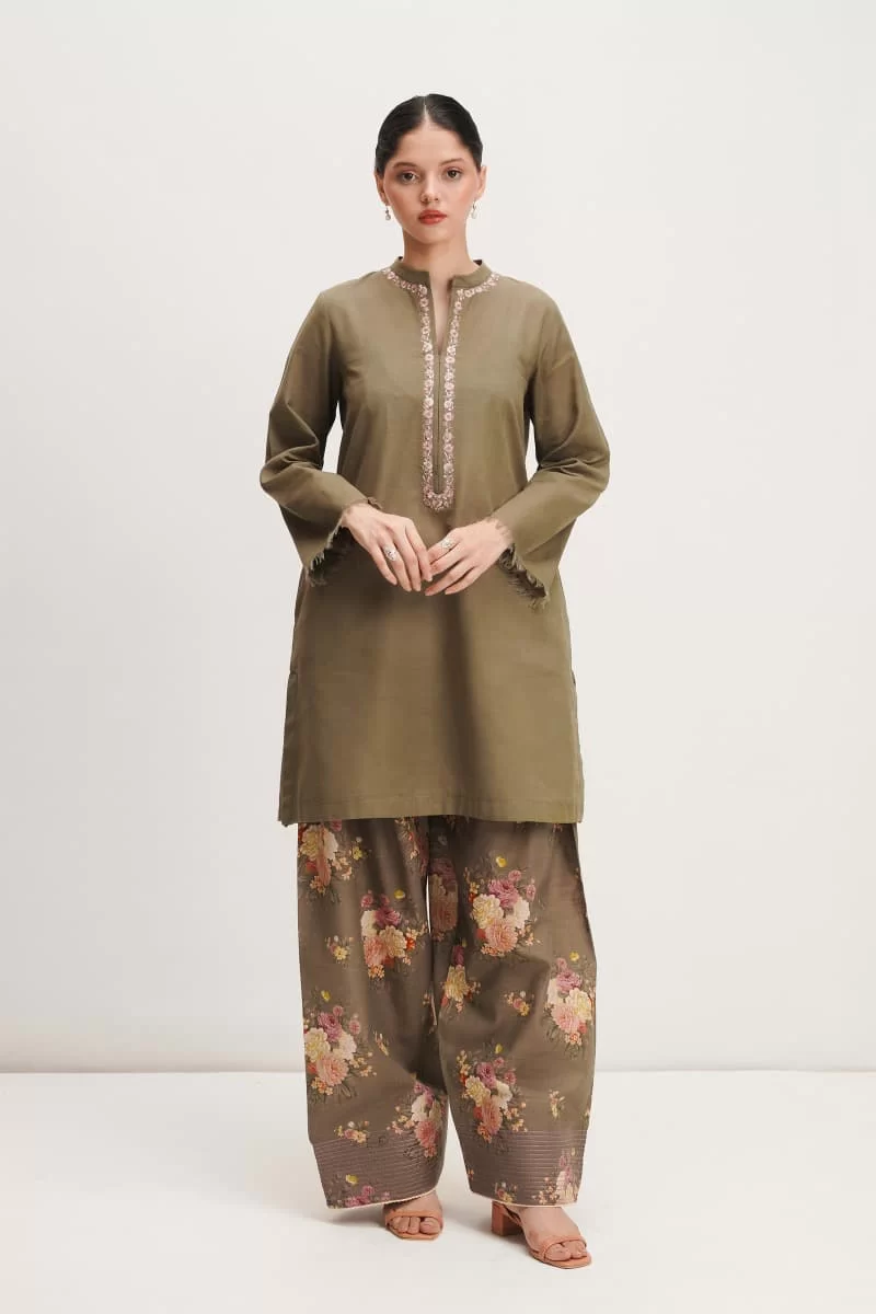 Zara Shahjahan 2Pcs Basic Kurta Co-Ord Set Zszkt-1258Olive Green