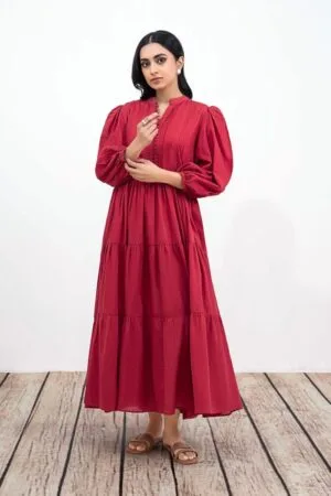 1 Pc Red Dobby Lawn Dress Mb-Ef24111Rd