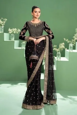 Luxury Formal Black Embroidered Velvet & Net Saree MBSF-AW2411BK