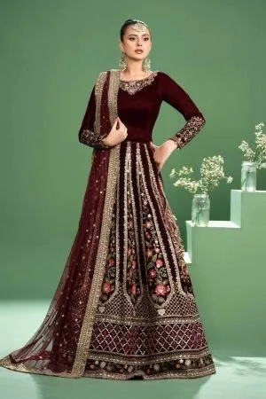 Luxury Formal Maroon Embroidered Velvet Lehenga Choli MBSF-AW2417MV